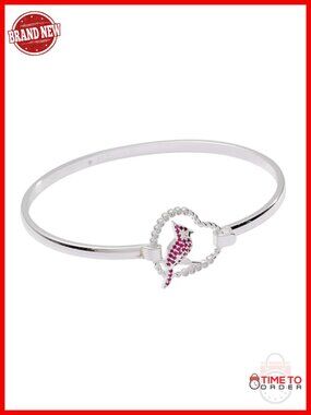 Enamel Charm Bangle Bracelet with Ruby Crystals, Silver Plated Brass, Symbolic